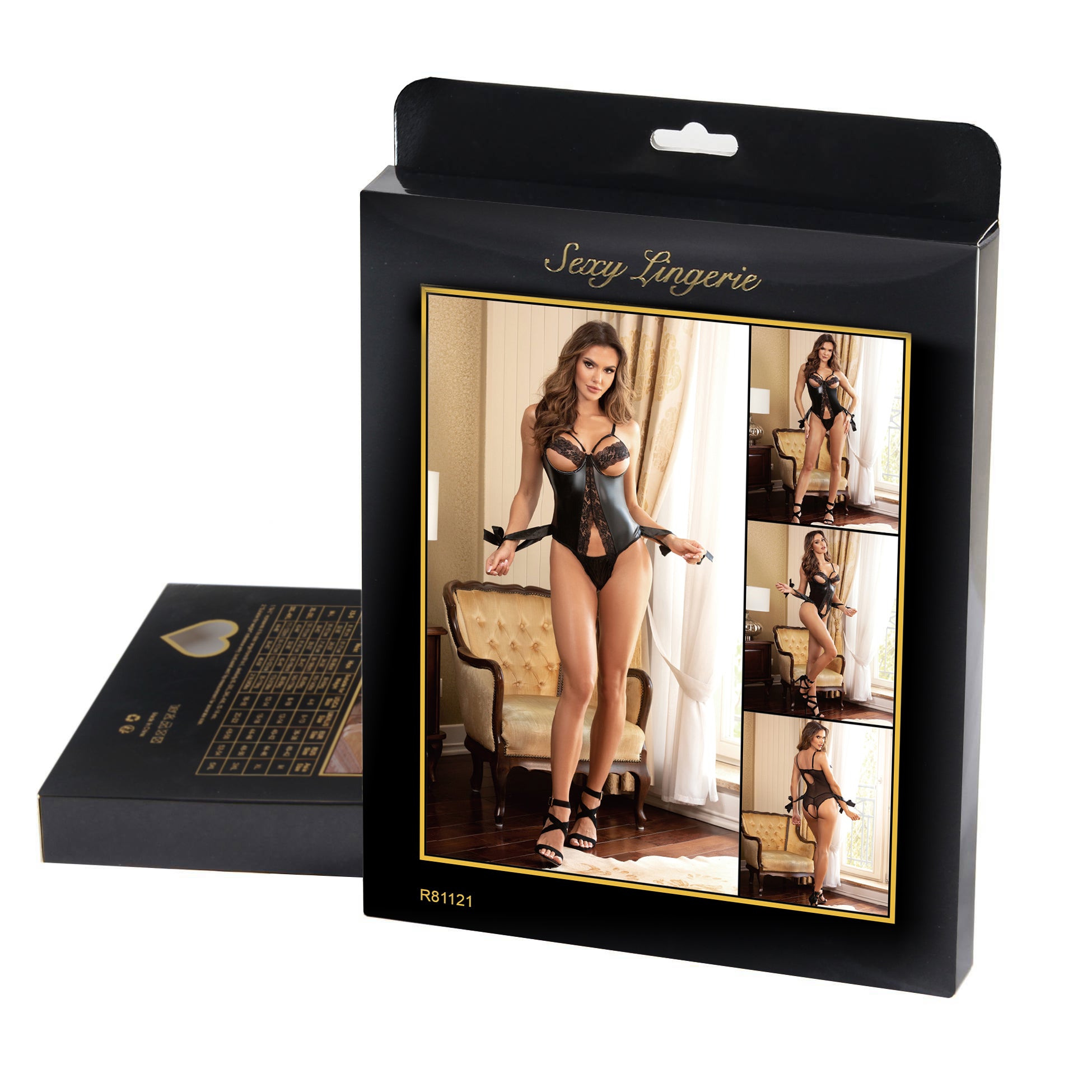 Oh Yeah - Faux Leather and Lace Bodysuit with Open Crotch and Wrist Cuffs
