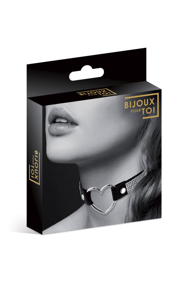 Bijoux Pour Toi - Rhinestone and Heart Collar - Black