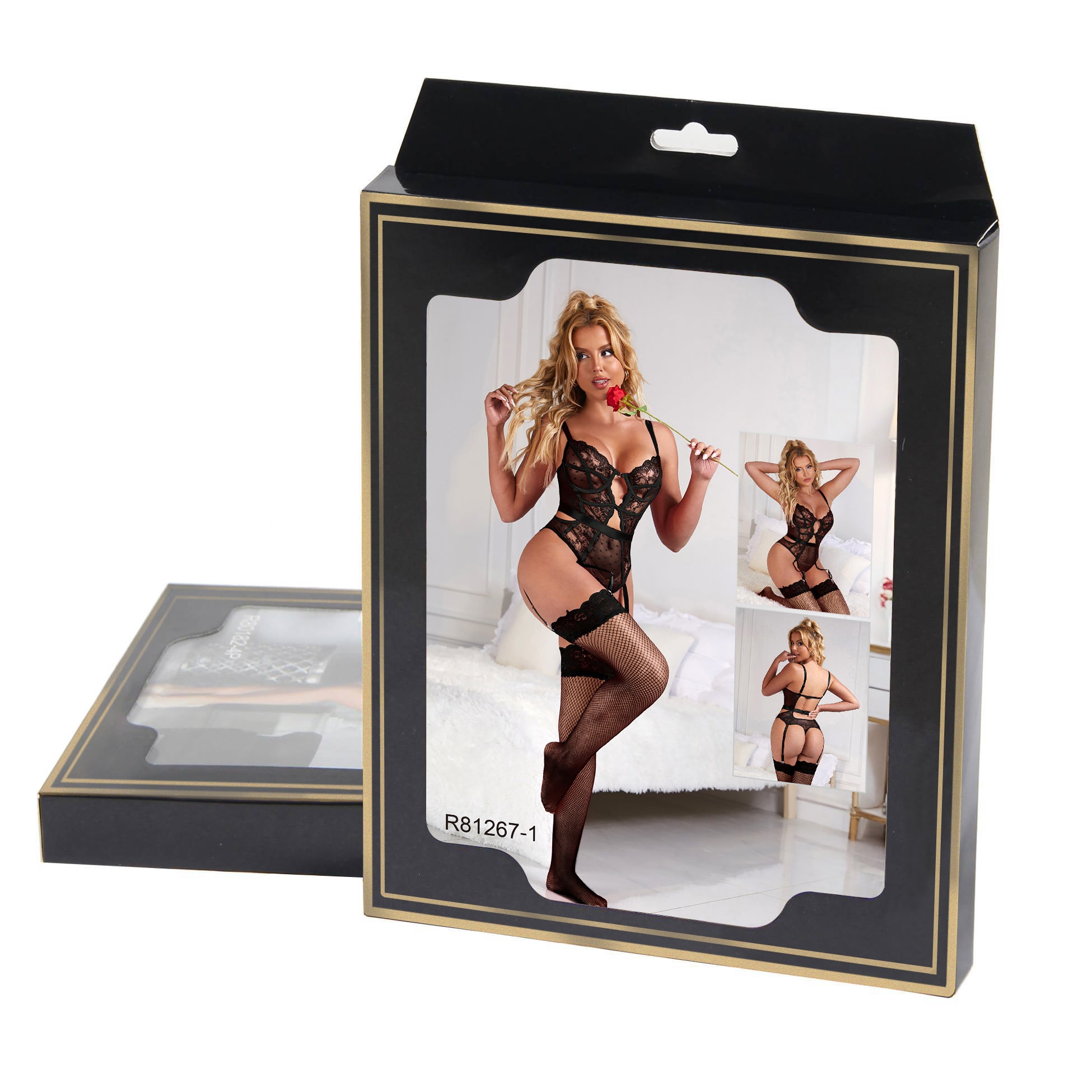 Oh Yeah - Lace Bodysuit with Built-in Garter Belt - Black