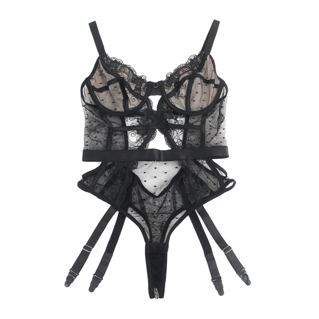 Oh Yeah - Lace Bodysuit with Built-in Garter Belt - Black