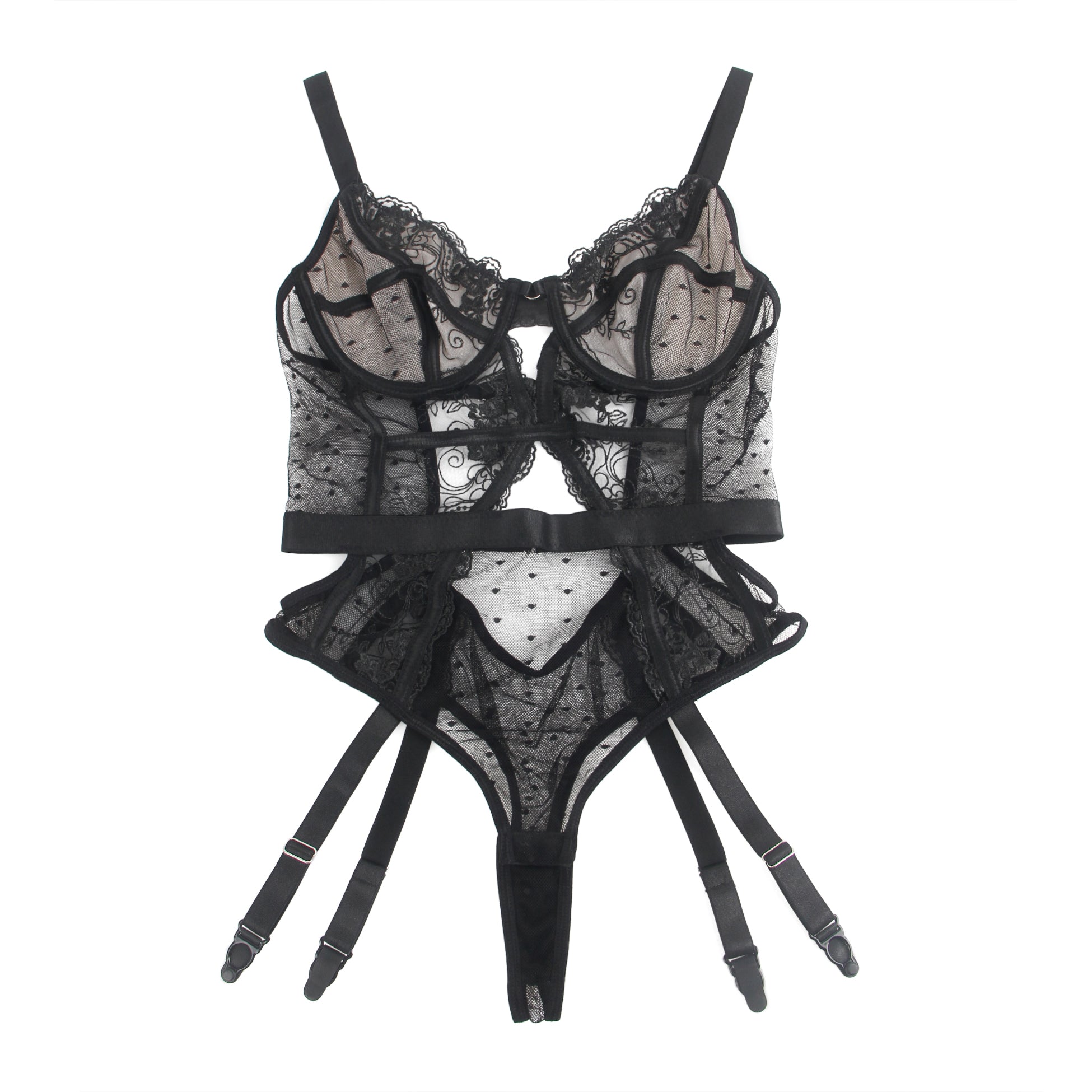Oh Yeah - Lace Bodysuit with Built-in Garter Belt - Black