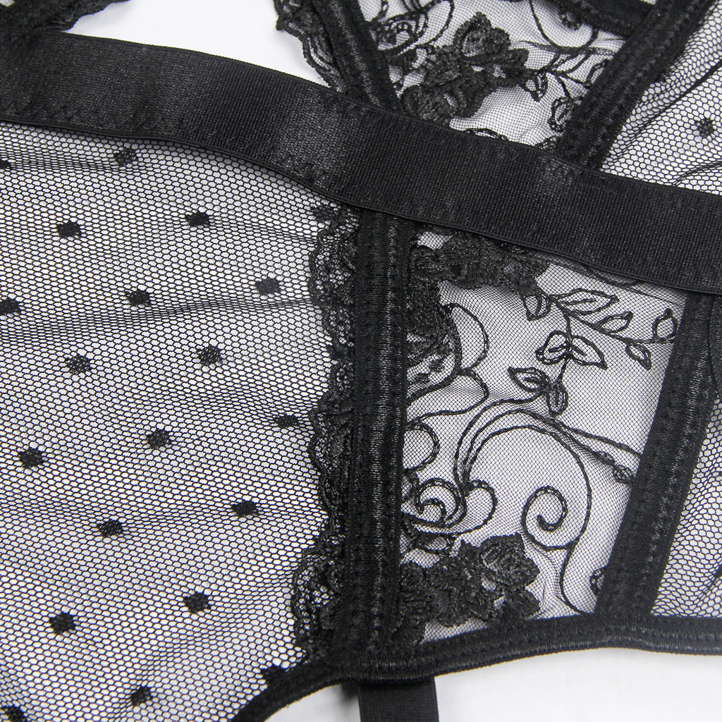 Oh Yeah - Lace Bodysuit with Built-in Garter Belt - Black