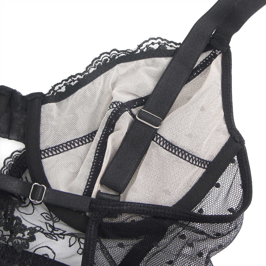 Oh Yeah - Lace Bodysuit with Built-in Garter Belt - Black