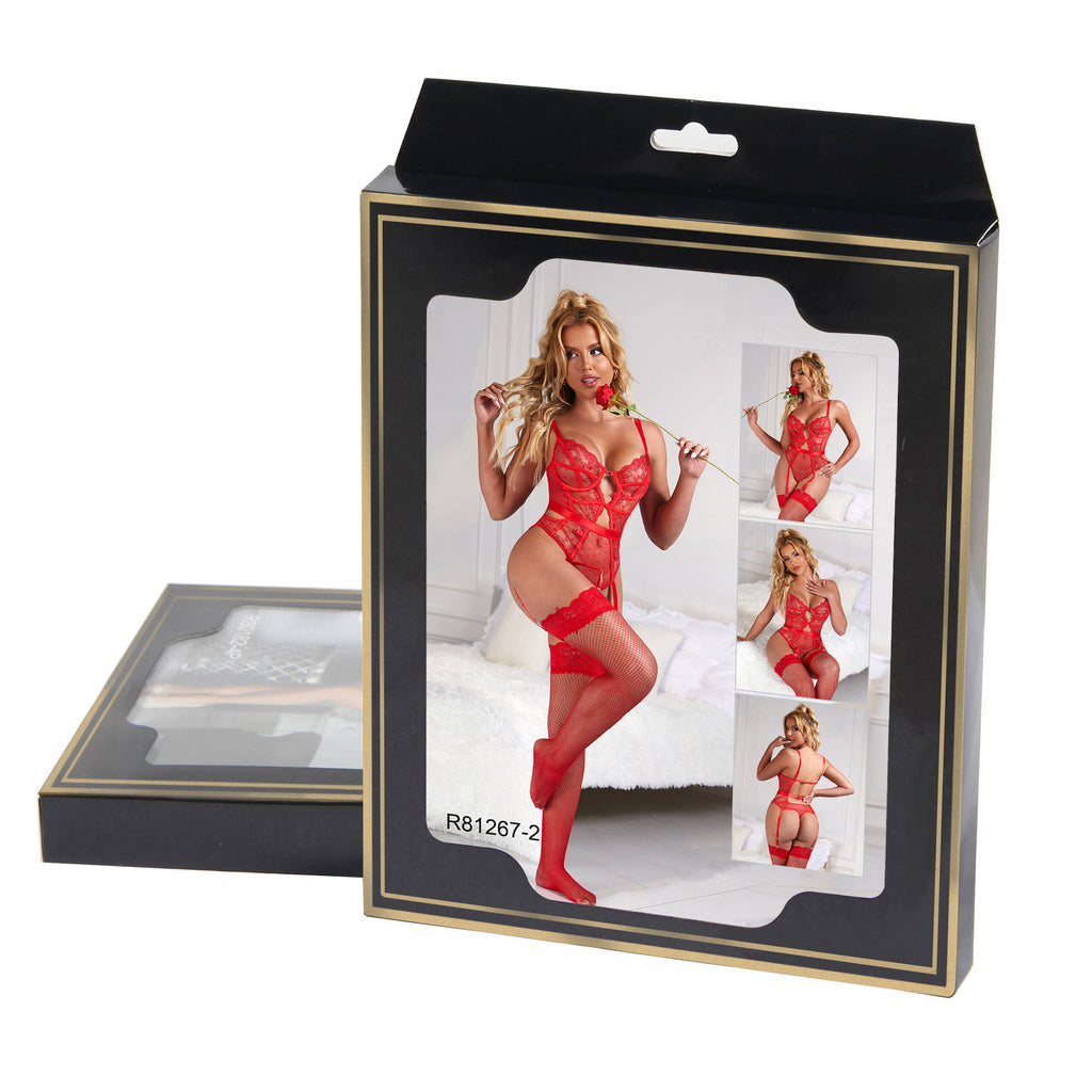 Oh Yeah - Lace Bodysuit with Attached Garter Belt - Red