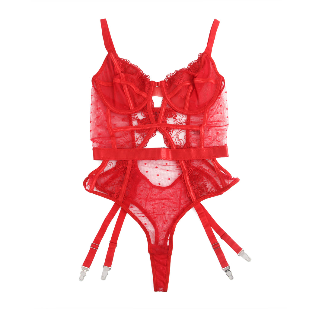 Oh Yeah - Lace Bodysuit with Attached Garter Belt - Red