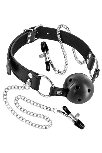 Fetish Tentation - Breathable Ball Gag with Nipple Clamps - Black