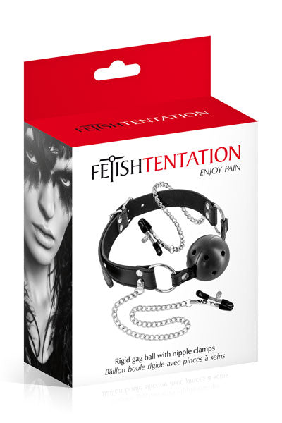 Fetish Tentation - Breathable Ball Gag with Nipple Clamps - Black