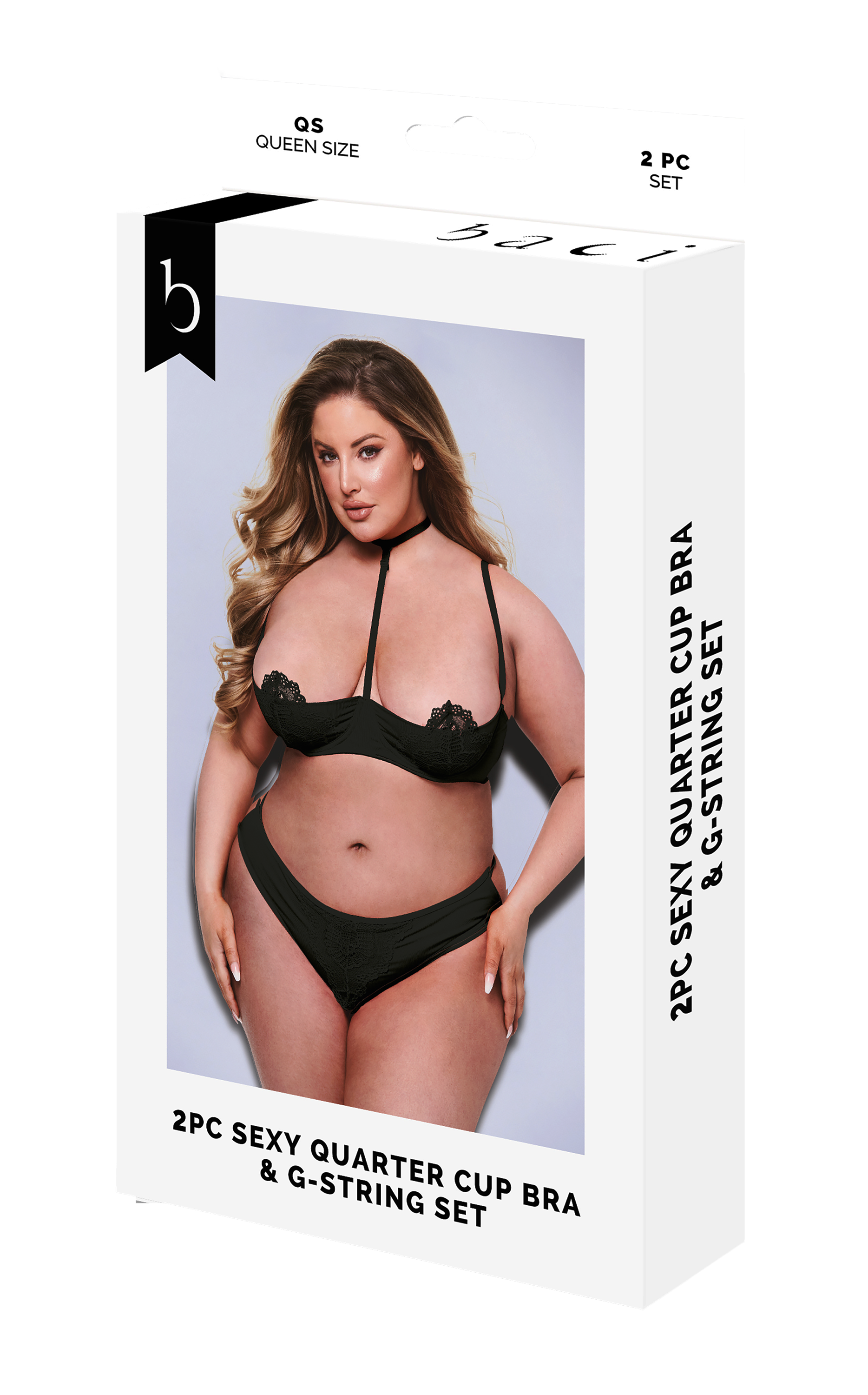 KISS 2 PIECE BRA AND QUARTER CUP THONG SET BLACK, QS