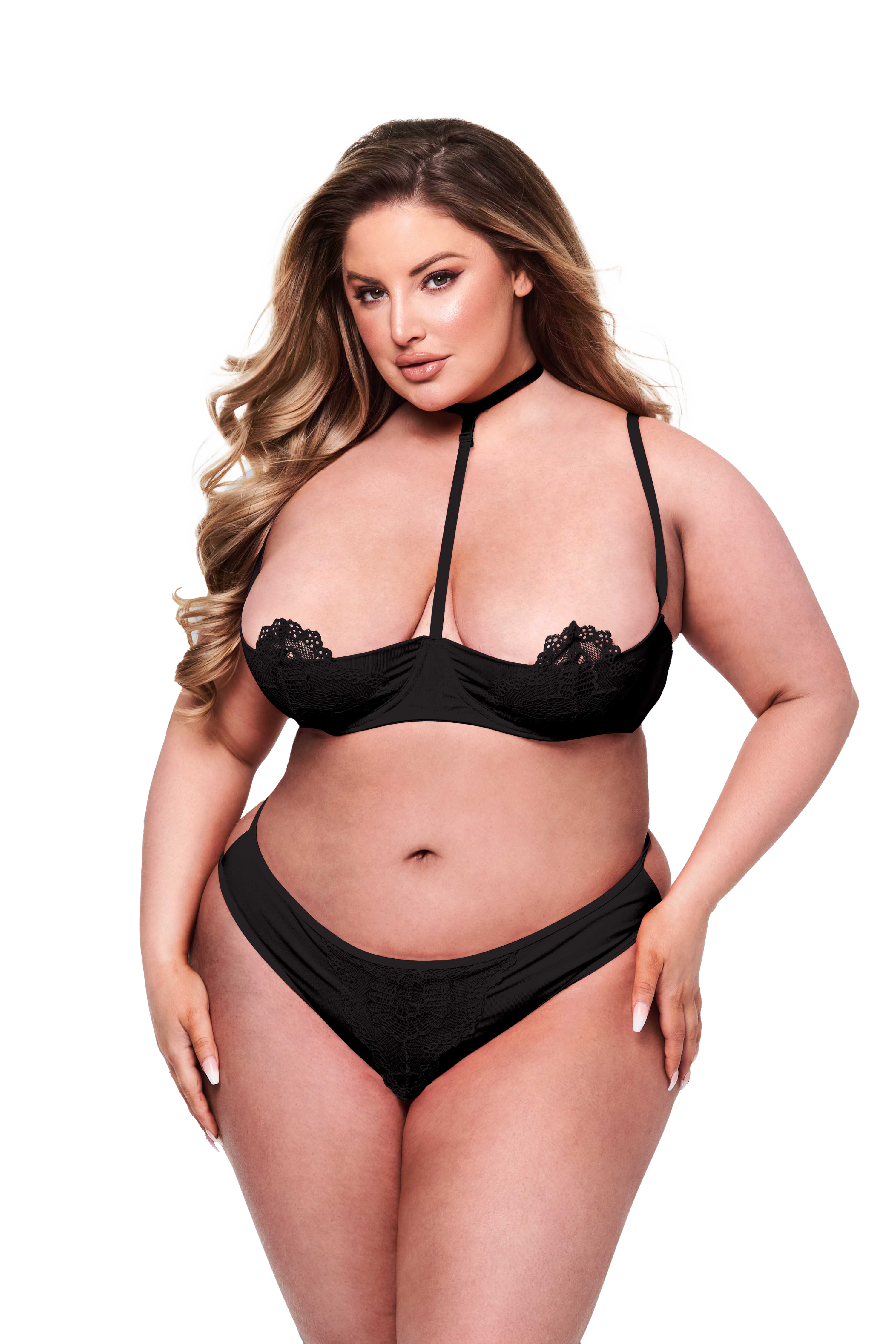 KISS 2 PIECE BRA AND QUARTER CUP THONG SET BLACK, QS