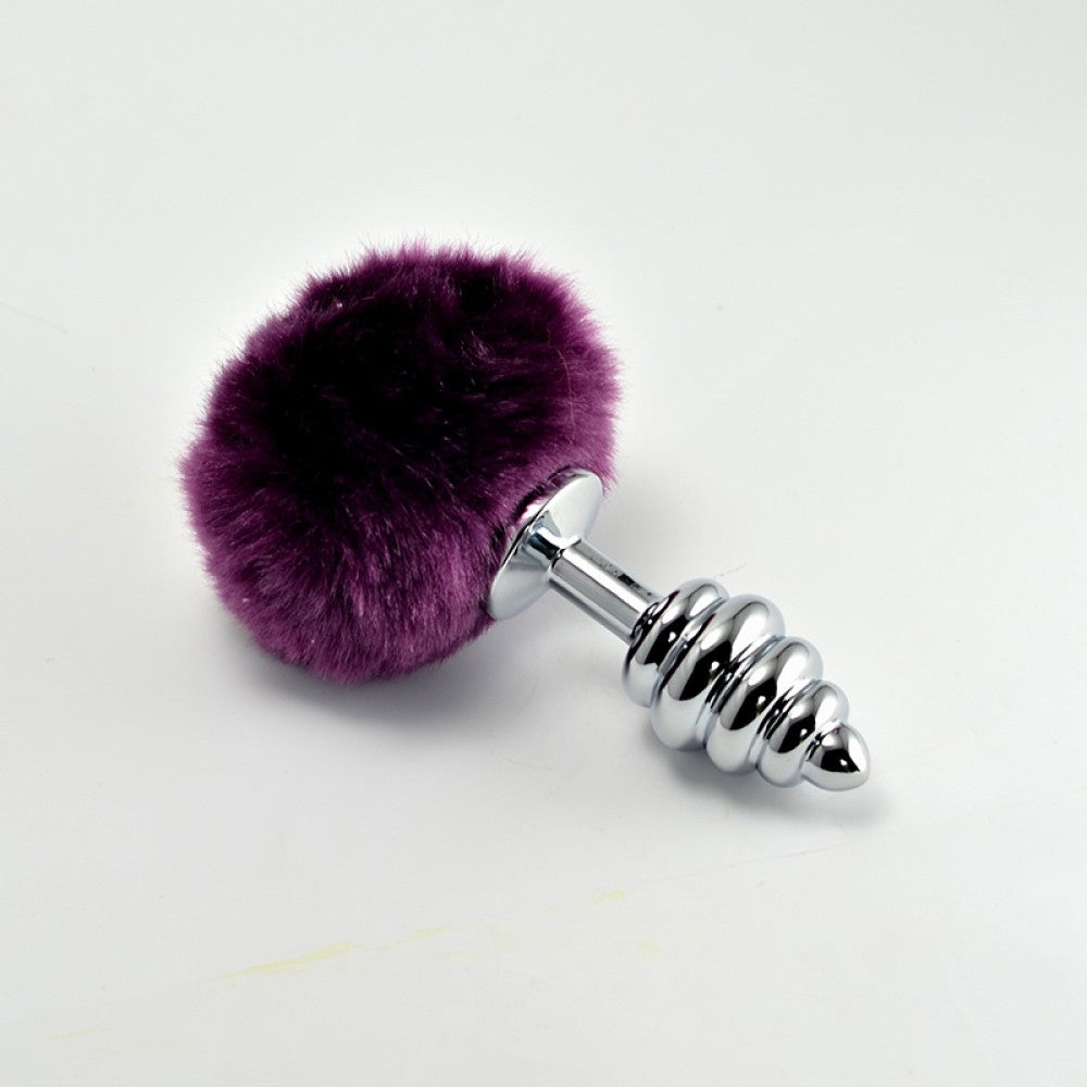 Purple spiral pom-pom metal butt plug