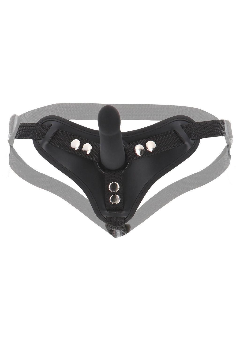 Strap-on harness and small black dildo