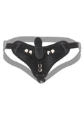 Strap-on harness and small black dildo