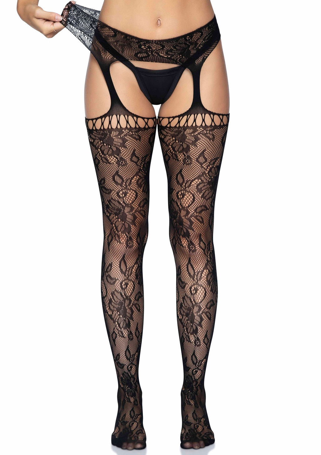 Black lace stockings with attached suspenders