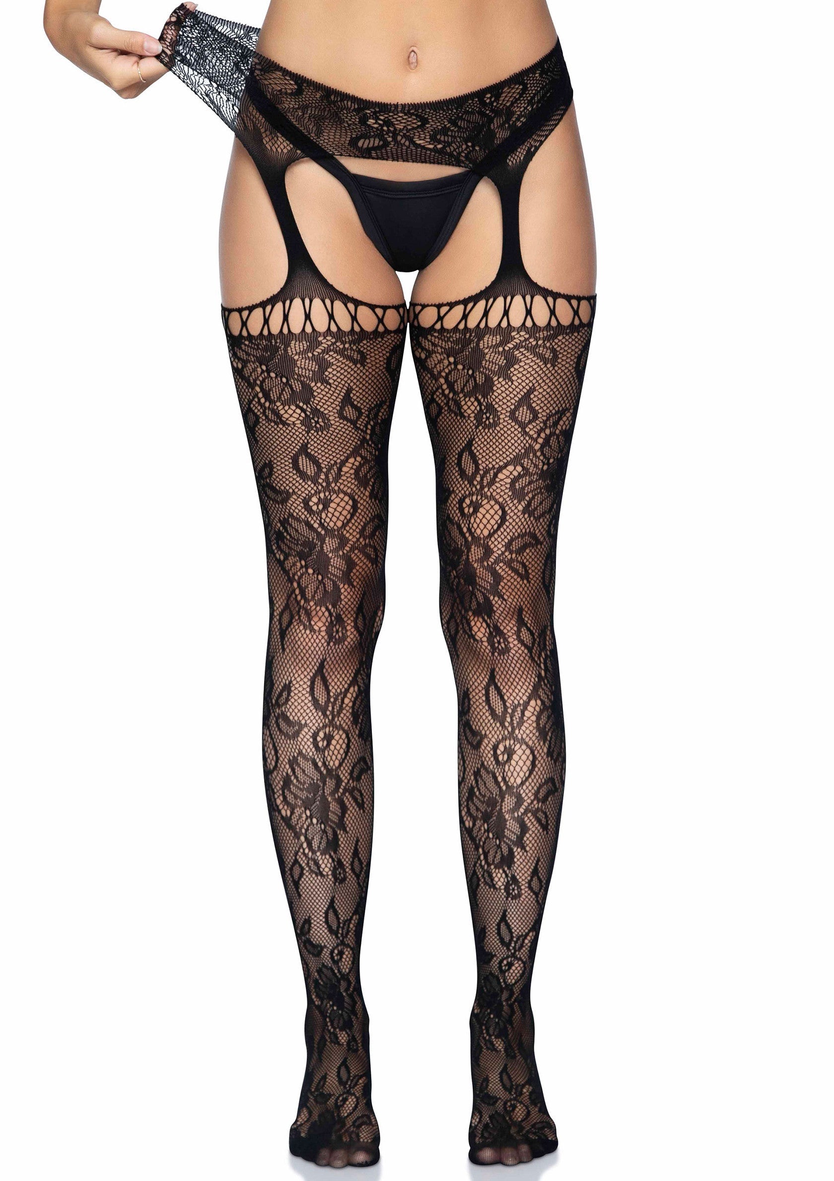 Black lace stockings with attached suspenders