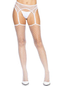 Fishnet stockings with white trim garters