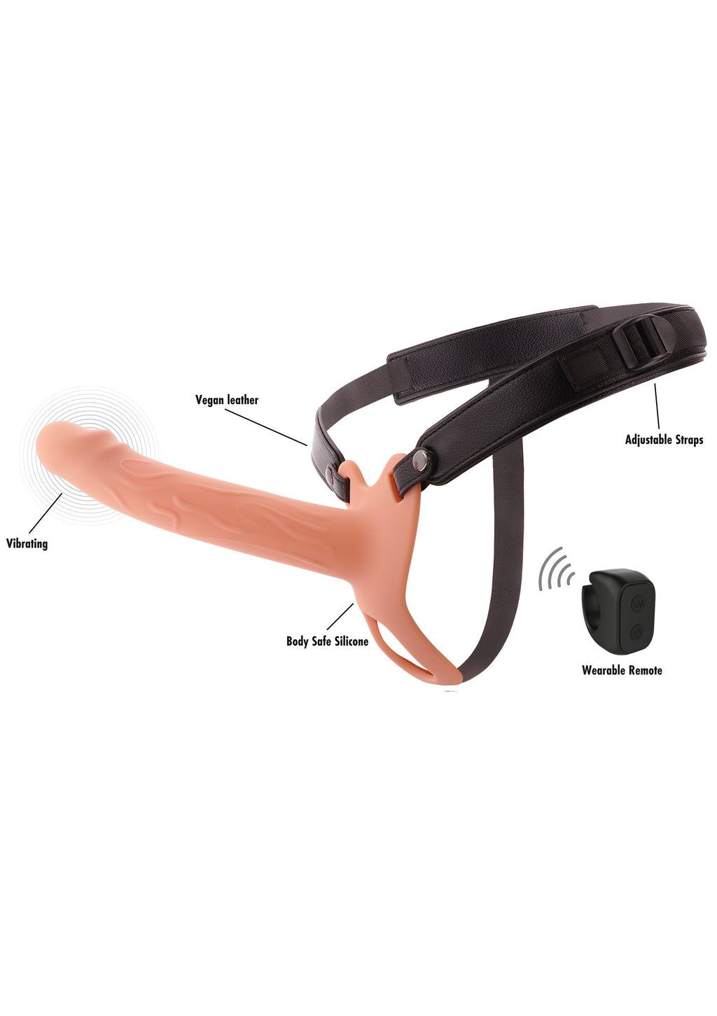 Hollow penis-shaped vibrating silicone strapon, 20 cm, flesh